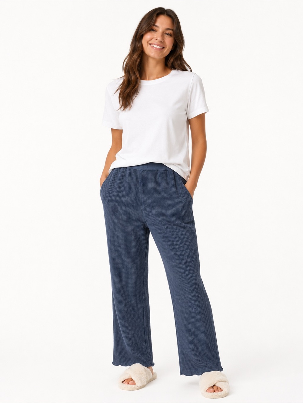 Set Active Wide-Leg Lounge Pants Waffle Knit With Elastic Waist Band
